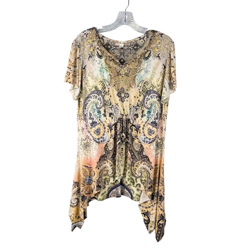 World‎ Unity Paisley Snakeskin Tunic Top Large Beaded Sharkbite Hem Y2K